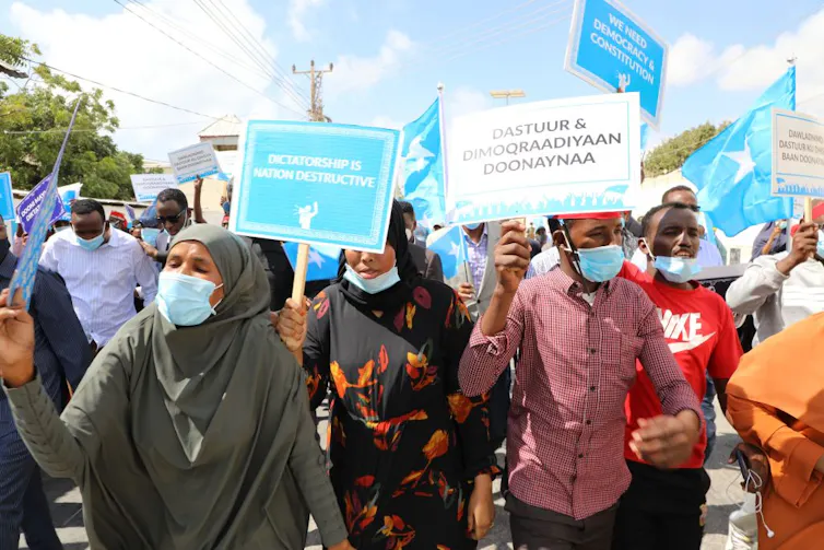 Supporters of different Somali opposition presidential candidates protest over delayed elections in Mogadishu on February 19, 2021. Credit: AFP via Getty Images.