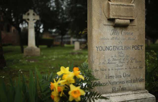 The stone reads that it marks the grave of a 'Young English Poet'