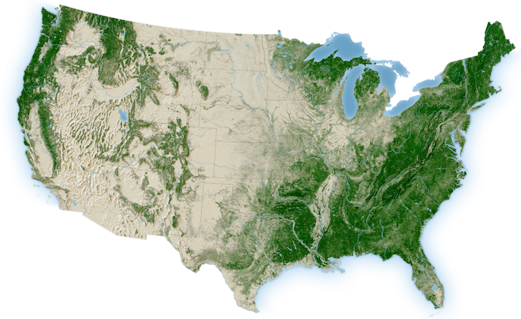 Map showing forested areas of the continental U.S.