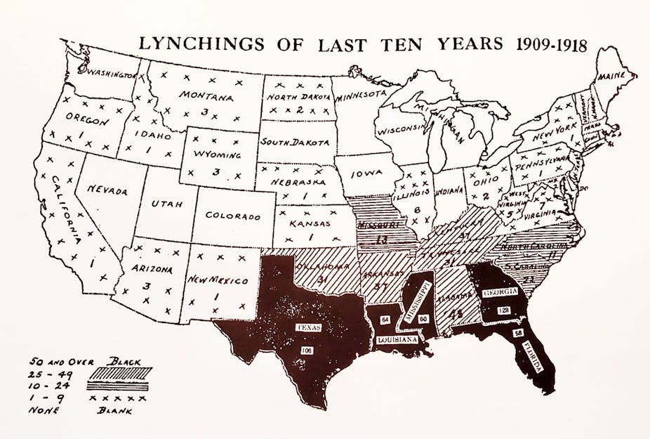 Hand-drawn map of the US with southern states shown in darker colors. Title reads 'Lynchings of last ten years, 1909-1918)'