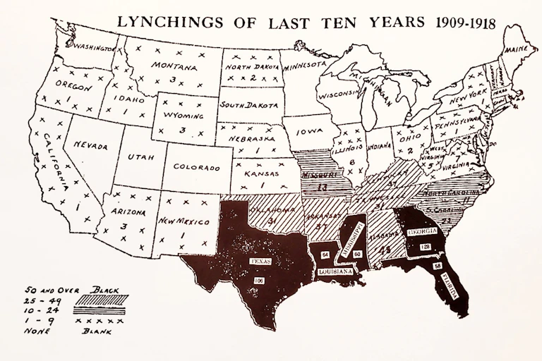 Hand-drawn map of the US with southern states shown in darker colors. Title reads 'Lynchings of last ten years, 1909-1918)'