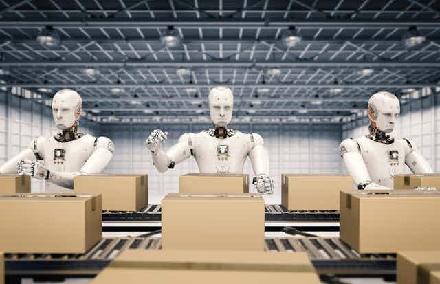 3D illustration of three robots packing boxes on an assembly line