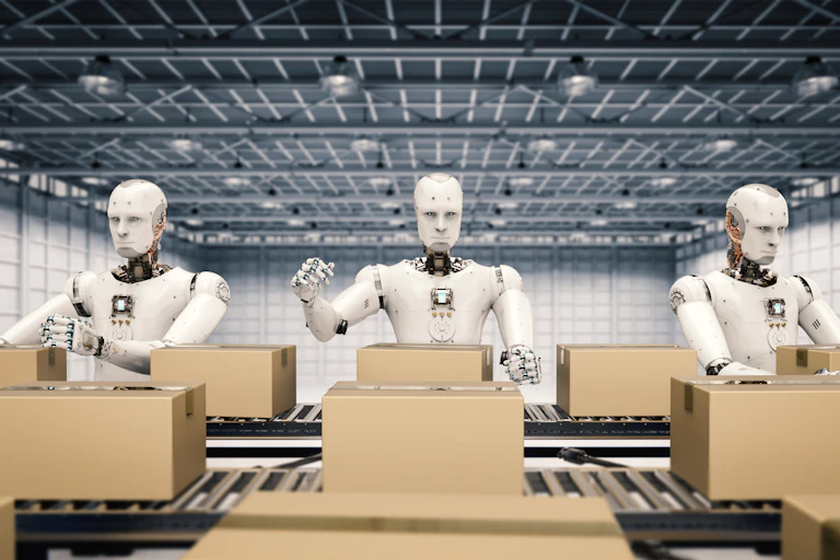 3D illustration of three robots packing boxes on an assembly line