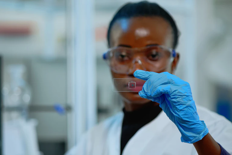 A young Black woman holds up a microscope slide