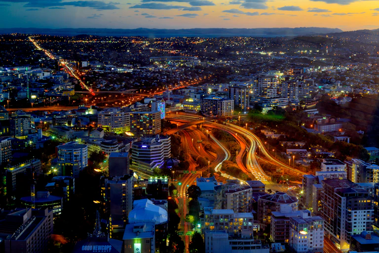 The image shows busy traffic along the main roads through Auckland