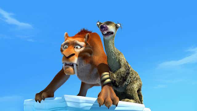 Animation of sabre-toothed cat and ground sloth standing on ice looking worried