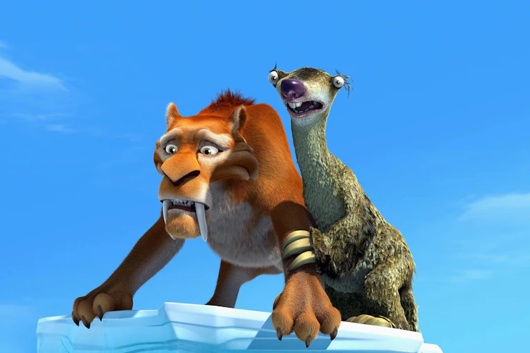 Animation of sabre-toothed cat and ground sloth standing on ice looking worried