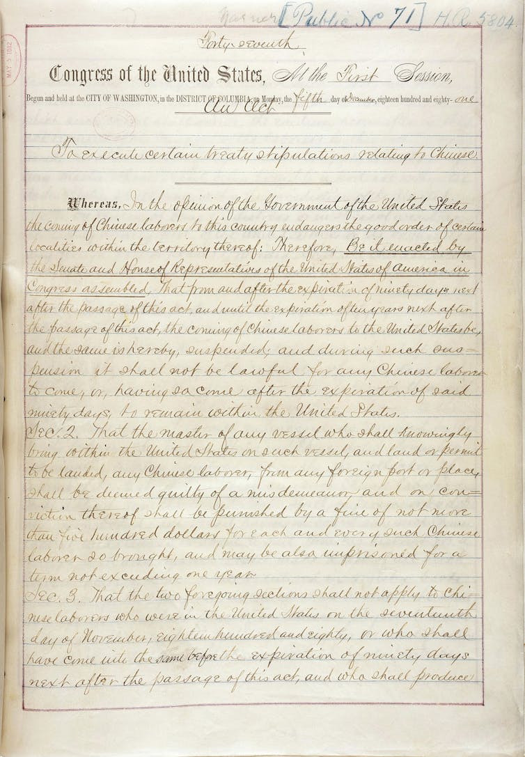 A yellowed copy of the handwritten first page of the 1882 Chinese Exclusion Act