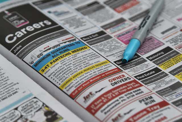 The careers listing in a newspaper