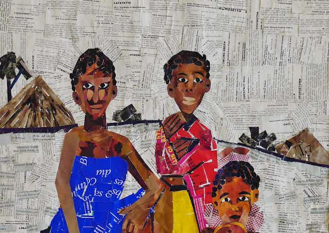 An illustration of three women against a rural scene, constructed from words and colours torn from magazines and newspapers.
