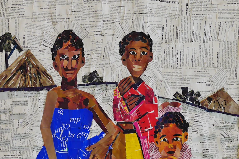 An illustration of three women against a rural scene, constructed from words and colours torn from magazines and newspapers.