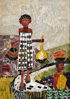 two women in traditional dress in a rural scene, one holding a calabash and a bag and the other balancing goods on her head.