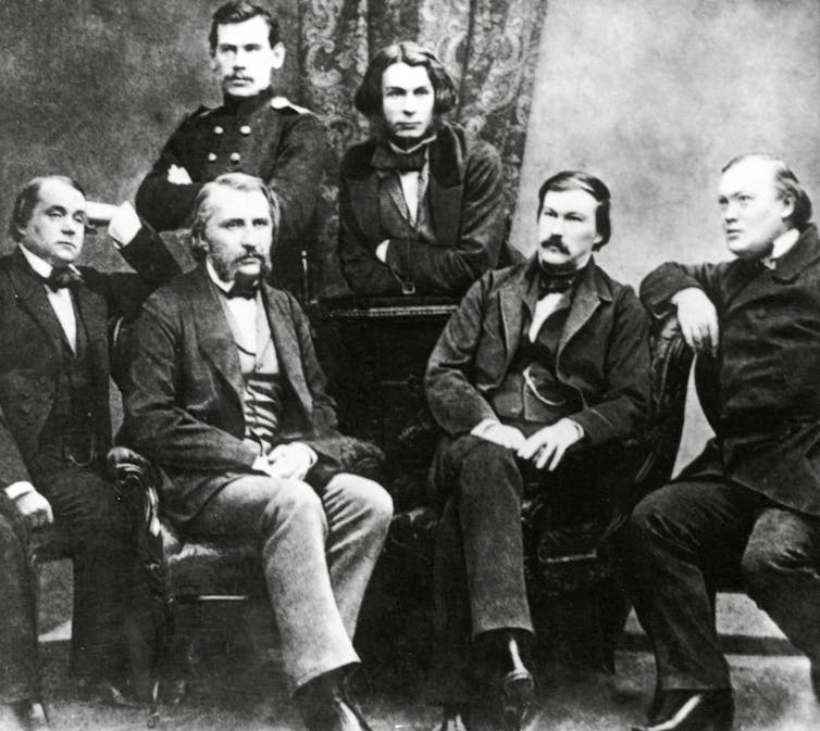 An 1856 photo of famous Russian authors, including Turgenev and Tolstoy.