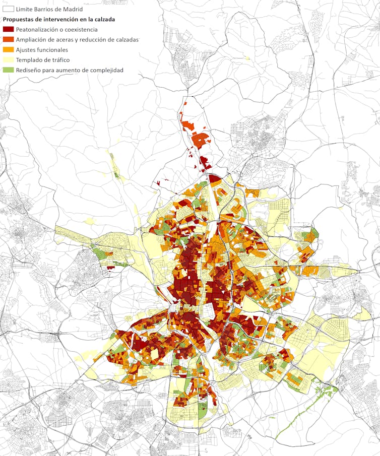 Mapa con colores según los tipos de intervenciones en las calzadas y aceras