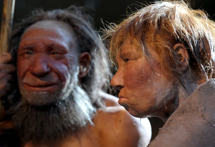 Reconstructions of a Neanderthal man and woman