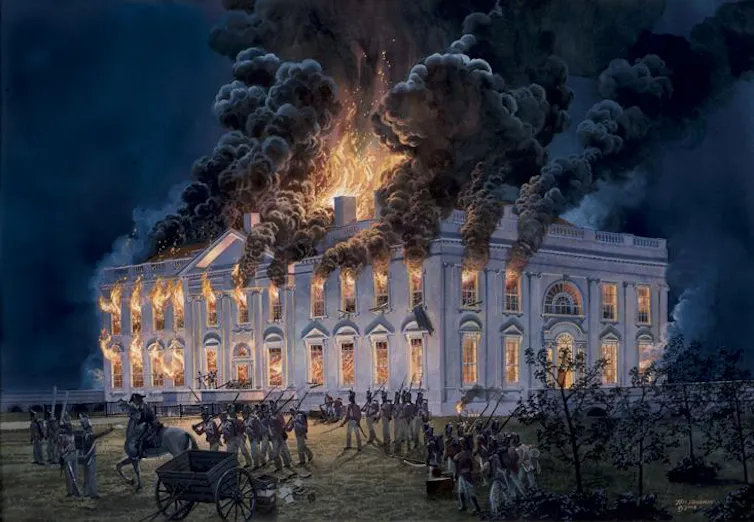A painting of the White House being burned down by British troops.