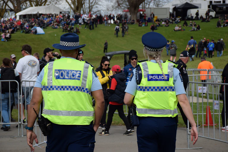 Police officers walking towards members of the public