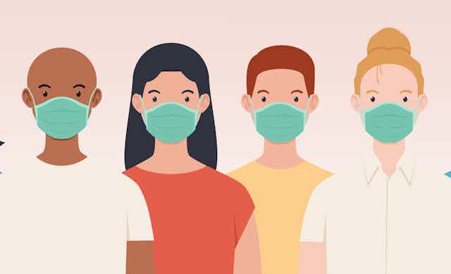 An illustration of lots of different people wearing face masks