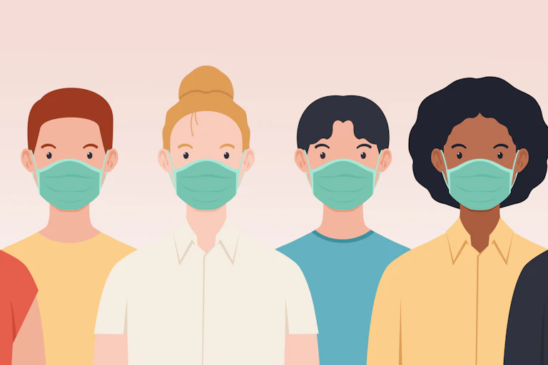 An illustration of lots of different people wearing face masks
