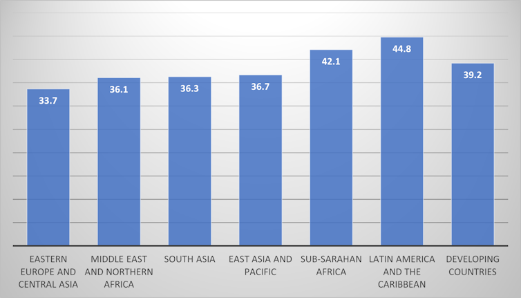 Column chart showing the 'gini coefficient' for household consumption in developing countries.
