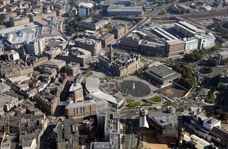 Aerial view of dense city buildings