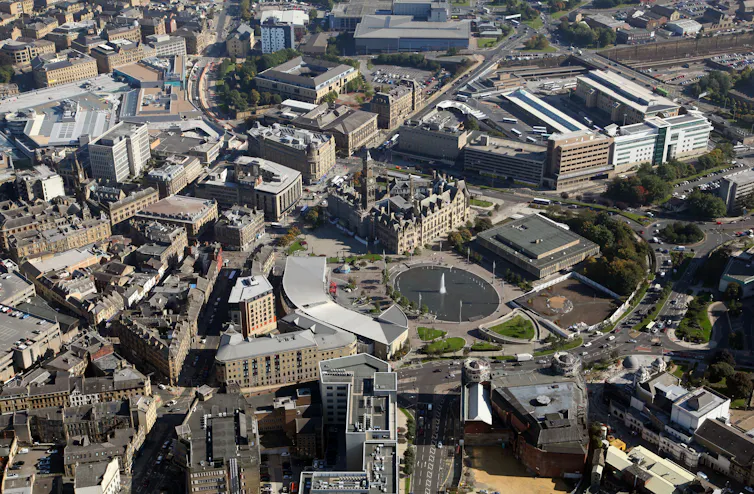 Aerial view of dense city buildings