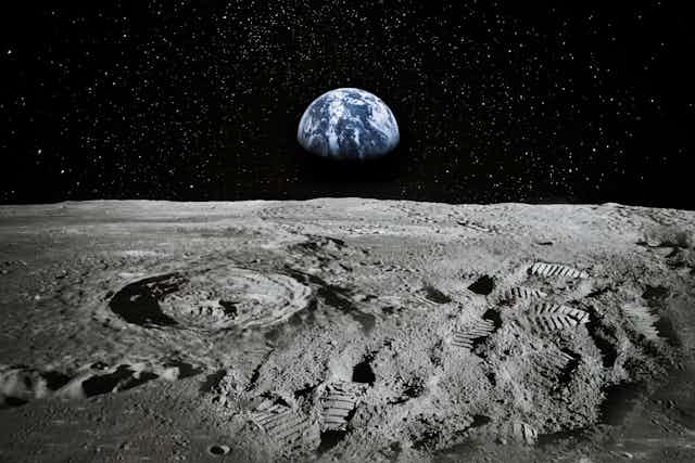 Earth from moon, footsteps on moon