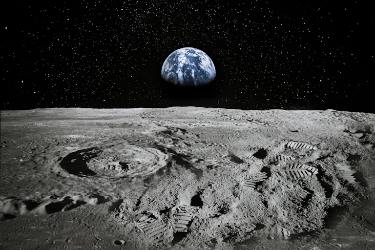 Earth from moon, footsteps on moon