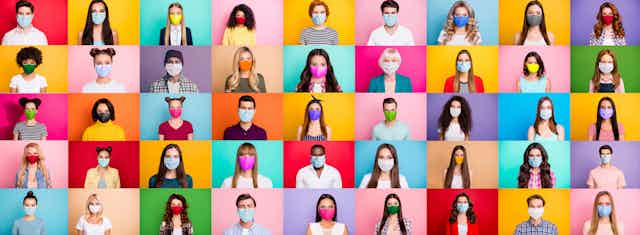 Five colourful rows of people wearing masks