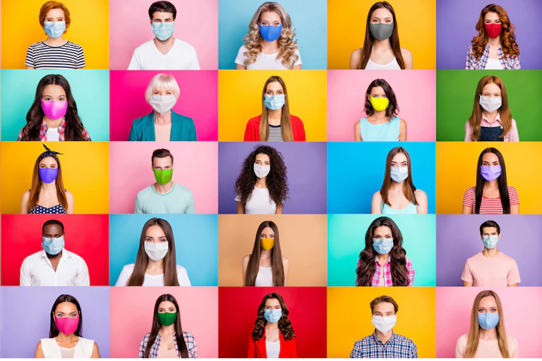 Five colourful rows of people wearing masks