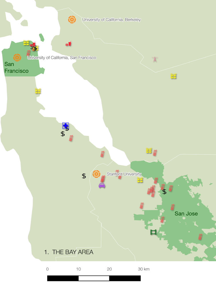 Map of top company headquarters and universities in San Francisco Bay area