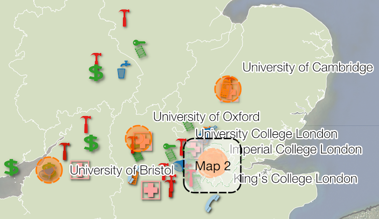 Map of top UK companies and universities