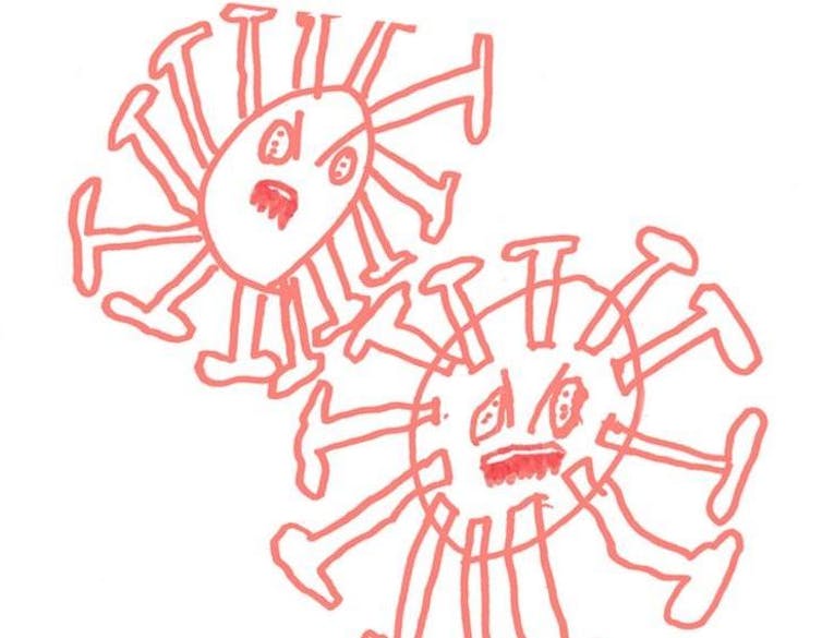 Child's drawing of two coronaviruses.