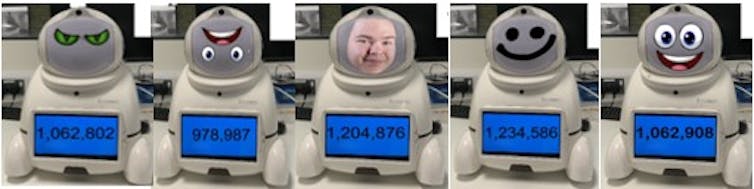 Five images of the Canbot robot with design modifications and equation answers.