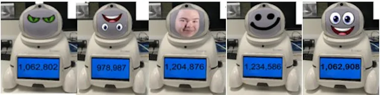 Five images of the Canbot robot with design modifications and equation answers.