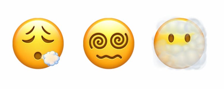 Trois emojis, un qui souffle de l'air, un avec des yeux en spirale, un dans les nuages