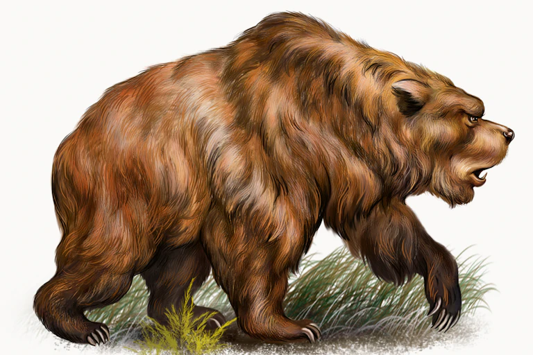 Illustration of a cave bear walking on grass.