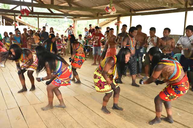 Women of the Embera people in Choco Colombia performing a ritual dance.
