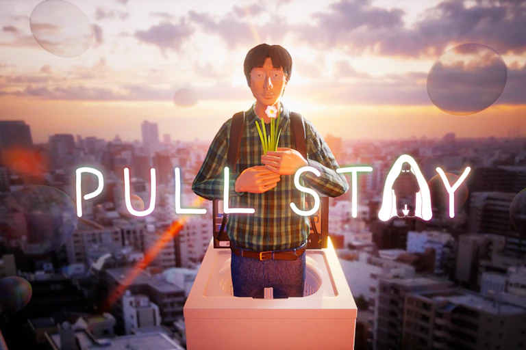 Large CGI man emerges out of top of a building holding flowers.