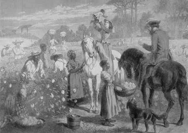 Plantation owners and enslaved people depicted in a 1864 picture.