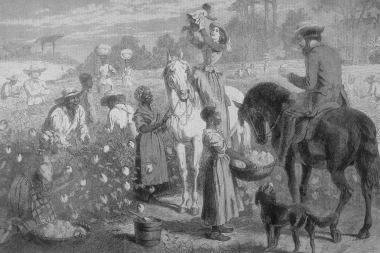 Plantation owners and enslaved people depicted in a 1864 picture.