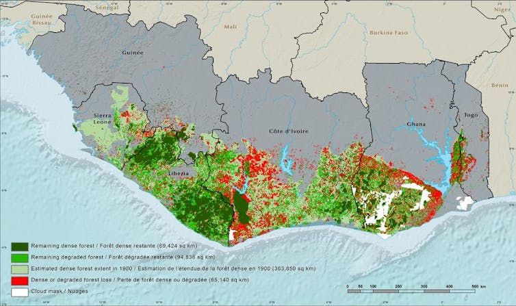 Color-coded map of forest losses in West Africa