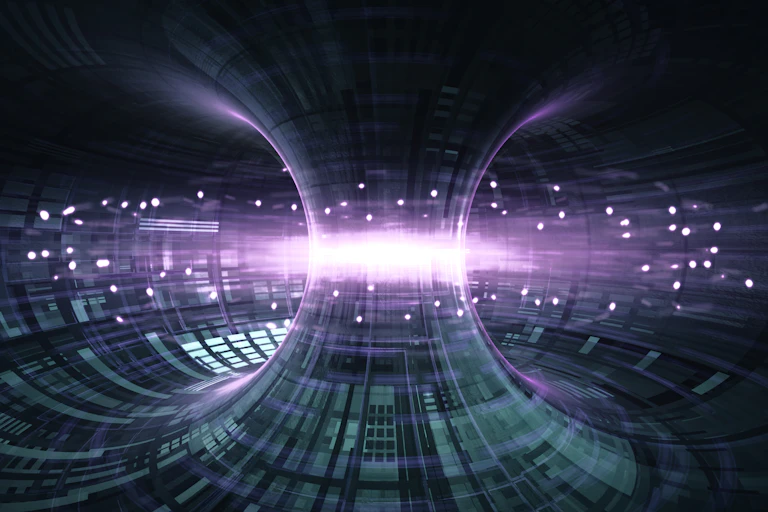 Illustration showing particles inside a tokamak, a doughnut shaped fusion device.