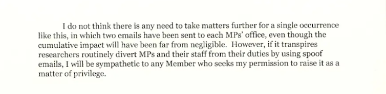 An extract from a letter sent to research funders warning that the Speaker of the House may take action over future research projects that