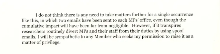 An extract from a letter sent to research funders warning that the Speaker of the House may take action over future research projects that