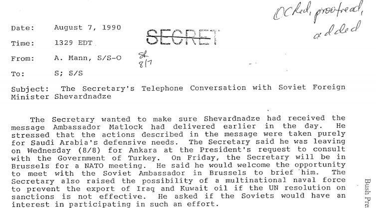 Typed record of phone conversation between Secretary of State James Baker and Soviet Foreign Minister Eduard Shevardnadze, 7 August 1990, with 'secret' written and crossed out at the top
