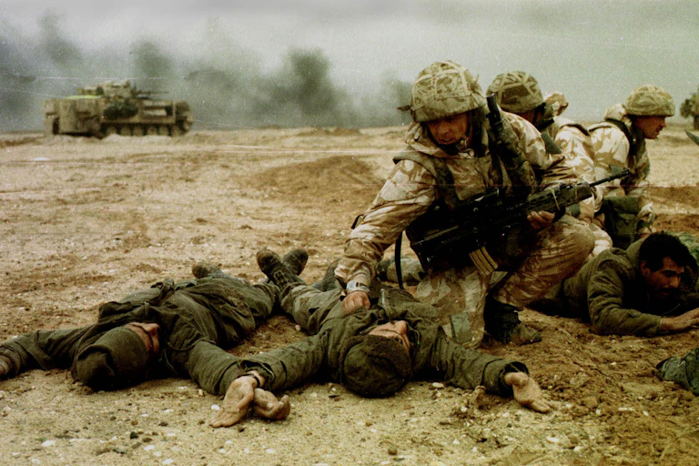 Infantry Soldiers of the British 4th Armoured Brigade in combat in Iraq, February 1991.
