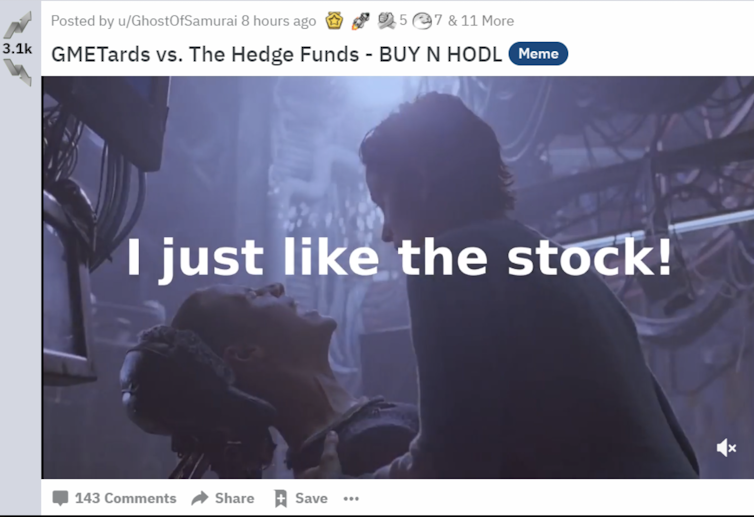 Meme featuring the words 'I just like the stock' over screenshot from The Matrix