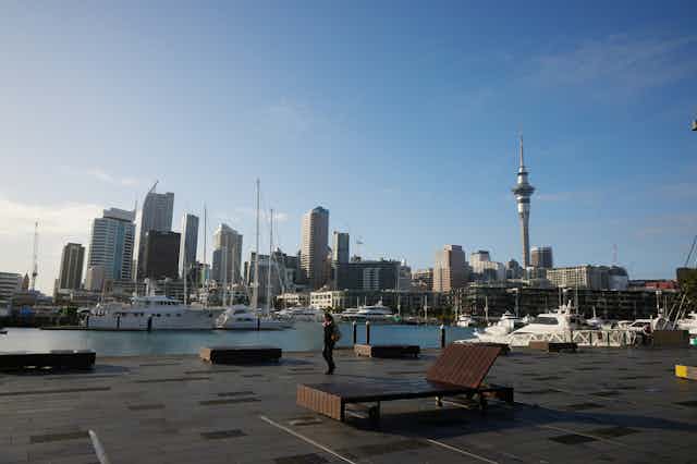 Auckland city skyline with harbour and tall buildings