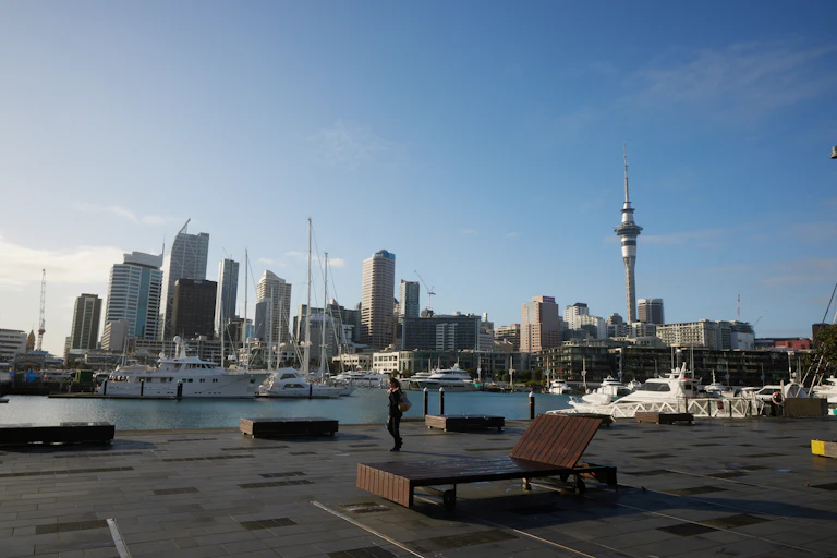 Auckland city skyline with harbour and tall buildings
